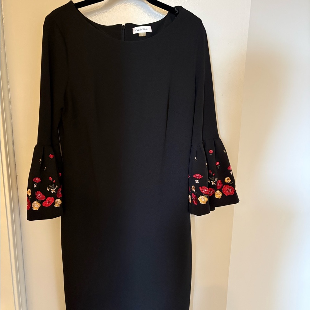 Calvin Klein Black Long-Sleeve Shift Dress with Embroidered Floral Bell Sleeves